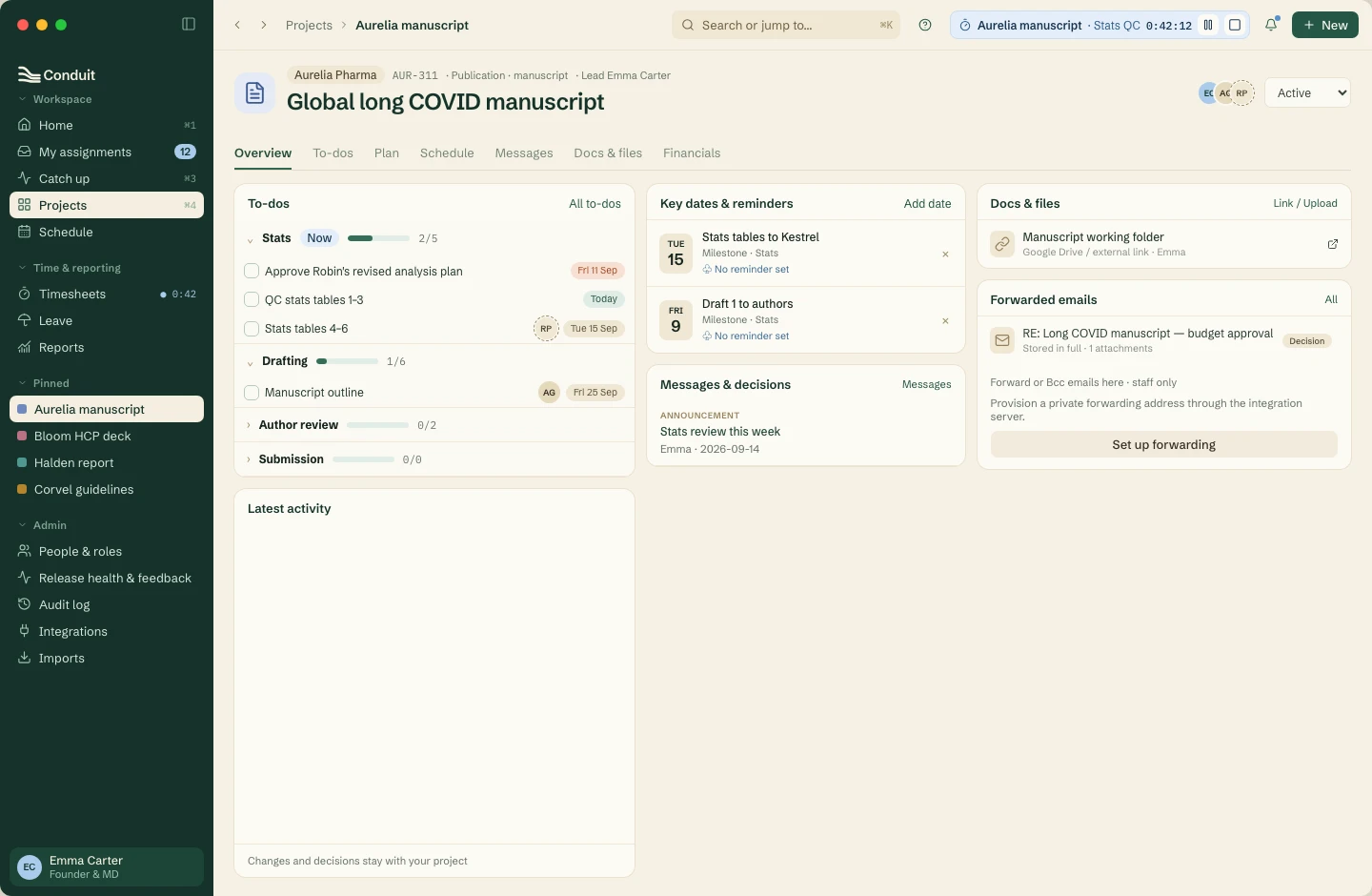 Project task with brief, subtasks and time controls